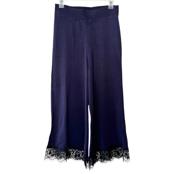 Zara Knit Wide Leg Crop Pant High Waist Blue Lace Trim Stretch Ankle Culottes S - Picture 2 of 11